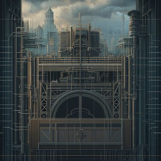 Hatching Under the Eaves style, Midjourney V6.1: technical infrastructure blueprint schematics