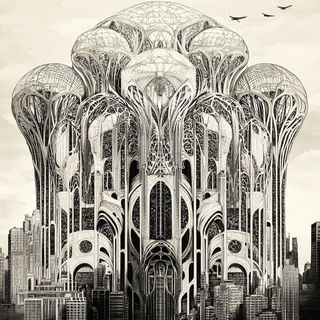 Pyramodelia style, Midjourney V6.1: megacity with futuristic bioarchitecture