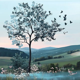 Hatchstring style, Midjourney V6.1: realistic landscape photograph of quiet dawn