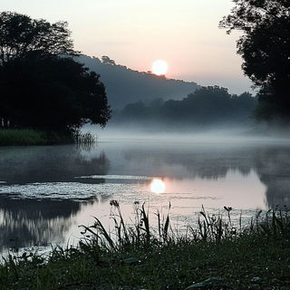 Neonplasm style, Midjourney V6.1: realistic landscape photograph of quiet dawn