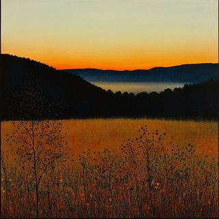 Floracrest style, Midjourney V6.1: realistic landscape photograph of quiet dawn