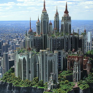 Needlepoint Pilgrimage style, Midjourney V6.1: megacity with futuristic bioarchitecture