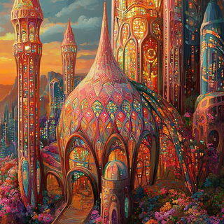 Chromacadenza style, Midjourney V6.1: megacity with futuristic bioarchitecture