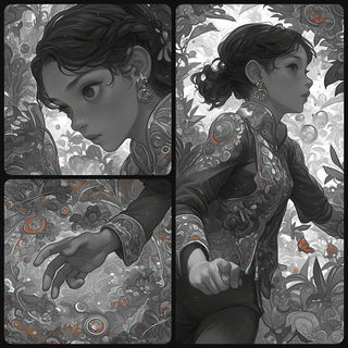 Chromacadenza style, Midjourney V6.1: black-and-white manga comic strip
