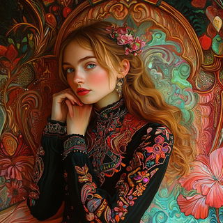 Chromacadenza style, Midjourney V6.1: photographic portrait of female protagonist