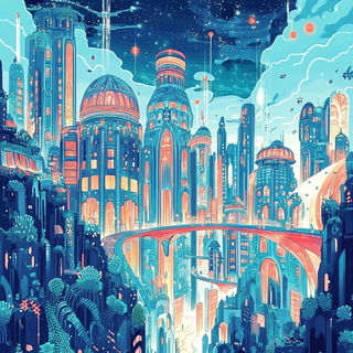 Gobelinstory style, Midjourney V6.1: megacity with futuristic bioarchitecture