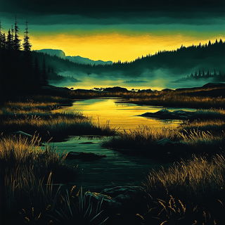 Chromawoven style, Midjourney V6.1: realistic landscape photograph of quiet dawn