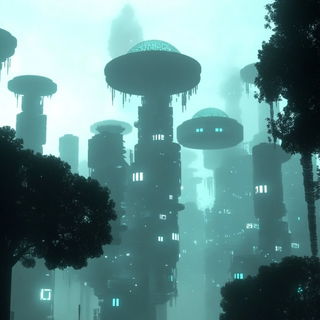 Cliffweft Chromatics style, Midjourney V6.1: megacity with futuristic bioarchitecture