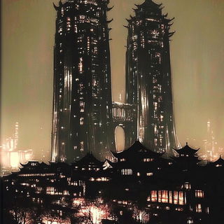 Silhouette Signal style, Midjourney V6.1: megacity with futuristic bioarchitecture