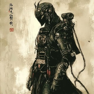 Silhouette Signal style, Midjourney V6.1: concept art character design of retropunk steam knight