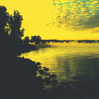 Amberglass Littoral style, Midjourney V6.1: realistic landscape photograph of quiet dawn