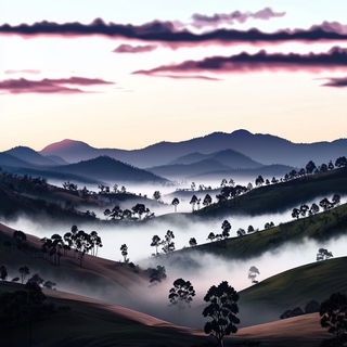 Mythoriso style, Midjourney V6.1: realistic landscape photograph of quiet dawn