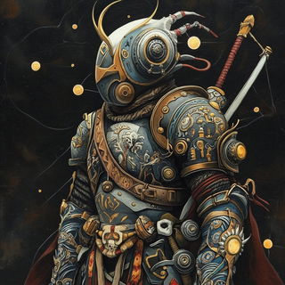 Beamgold Terraforms style, Midjourney V6.1: concept art character design of retropunk steam knight