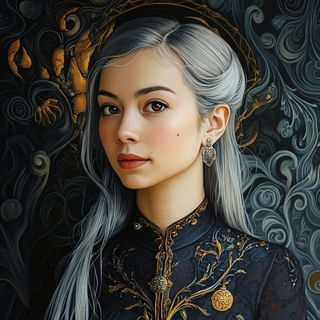 Beamgold Terraforms style, Midjourney V6.1: photographic portrait of female protagonist