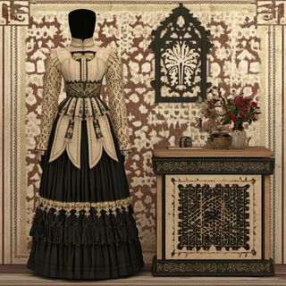 Needlepoint Megacity style, Midjourney V6.1: haute-couture fashion outfit