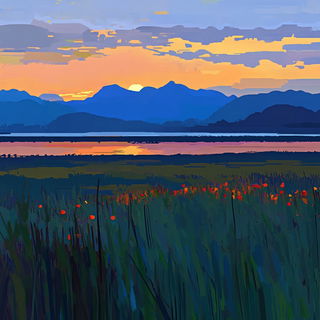 Thunderbird Ink Combat style, Midjourney V6.1: realistic landscape photograph of quiet dawn