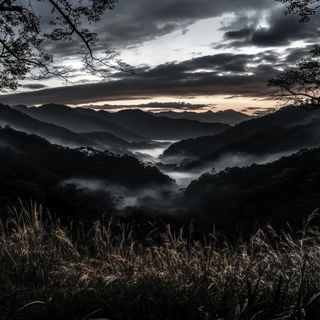 Mythprint style, Midjourney V6.1: realistic landscape photograph of quiet dawn