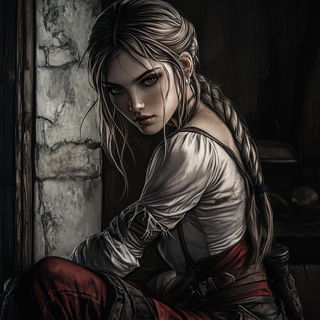 Mythprint style, Midjourney V6.1: photographic portrait of female protagonist