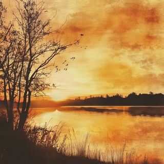 Folklorewash style, Midjourney V6.1: realistic landscape photograph of quiet dawn