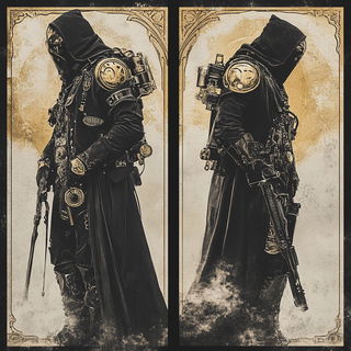 Puppetropolis style, Midjourney V6.1: concept art character design of retropunk steam knight