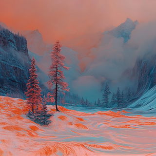 Cinechrome Mechanism style, Midjourney V6.1: realistic landscape photograph of quiet dawn