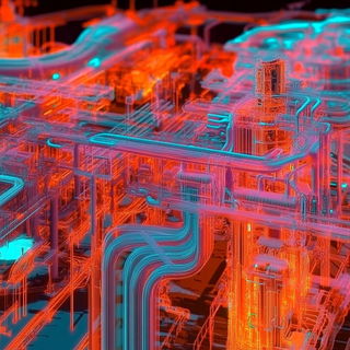 Cinechrome Mechanism style, Midjourney V6.1: technical infrastructure blueprint schematics