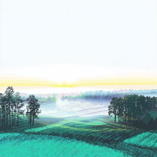 Parallaxagerie style, Midjourney V6.1: realistic landscape photograph of quiet dawn