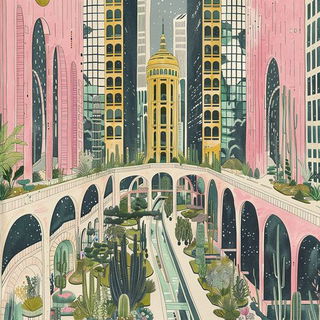 Cloudcut Vorticism style, Midjourney V6.1: megacity with futuristic bioarchitecture