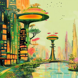 Busblossom style, Midjourney V6.1: megacity with futuristic bioarchitecture