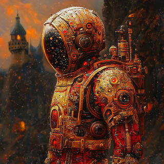 Colossopink style, Midjourney V6.1: concept art character design of retropunk steam knight