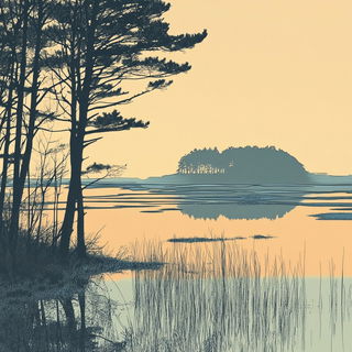 Glass Riddle style, Midjourney V6.1: realistic landscape photograph of quiet dawn