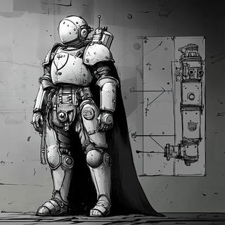 Riderweave style, Midjourney V6.1: concept art character design of retropunk steam knight