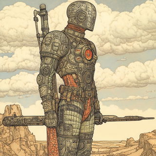 Galechromatic style, Midjourney V6.1: concept art character design of retropunk steam knight