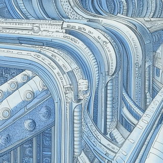 Galechromatic style, Midjourney V6.1: technical infrastructure blueprint schematics