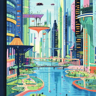 Sunfire Champleve style, Midjourney V6.1: megacity with futuristic bioarchitecture