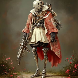 Photomaquettism style, Midjourney V6.1: concept art character design of retropunk steam knight
