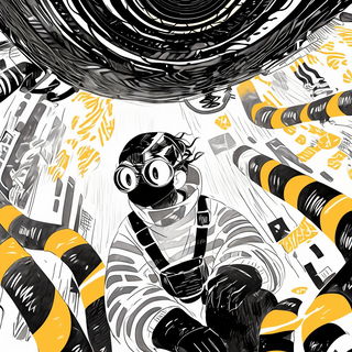 Paperwind Chainwork style, Midjourney V6.1: black-and-white manga comic strip