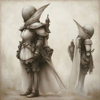Moonfoil style, Midjourney V6.1: concept art character design of retropunk steam knight