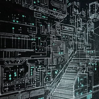 Hazelectric Highrise style, Midjourney V6.1: technical infrastructure blueprint schematics