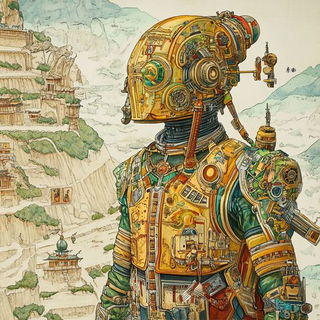 Ruinwarp style, Midjourney V6.1: concept art character design of retropunk steam knight