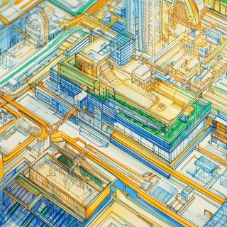 Ruinwarp style, Midjourney V6.1: technical infrastructure blueprint schematics