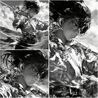 Patterned Object Surrealism style, Midjourney V6.1: black-and-white manga comic strip