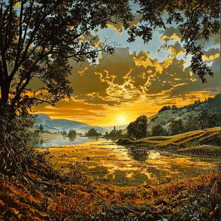 Patterned Object Surrealism style, Midjourney V6.1: realistic landscape photograph of quiet dawn