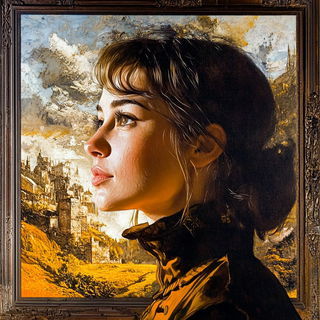 Patterned Object Surrealism style, Midjourney V6.1: photographic portrait of female protagonist
