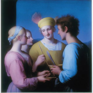 Displacement Gospel style, Midjourney V6.1: classical 18th-century oil painting