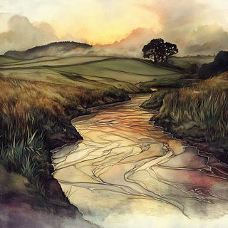 Chimeragraph style, Midjourney V6.1: realistic landscape photograph of quiet dawn