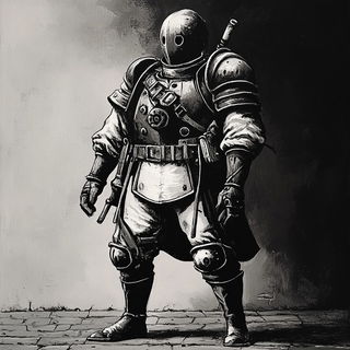 Mushroomarket style, Midjourney V6.1: concept art character design of retropunk steam knight