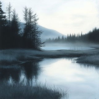 Mycelial Framefall style, Midjourney V6.1: realistic landscape photograph of quiet dawn