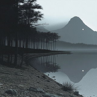 Hatchwater style, Midjourney V6.1: realistic landscape photograph of quiet dawn
