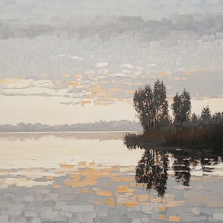 Ochromorphic style, Midjourney V6.1: realistic landscape photograph of quiet dawn